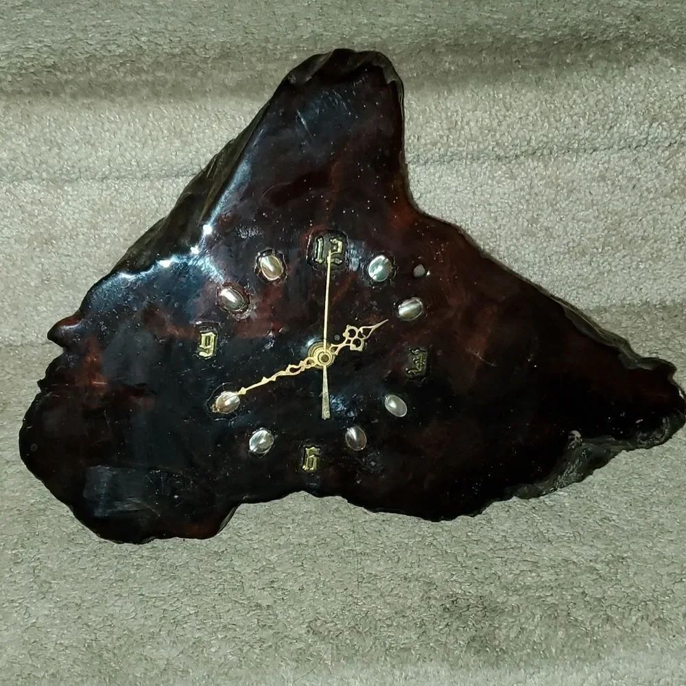 Vintage Redwood Burl Lacquered Clock Abalone Shell